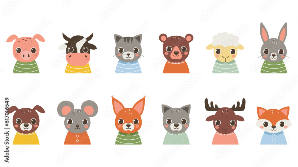 Set of portraits of cute animals. Pig, cow, cat, bear, sheep, hare, dog, mouse, squirrel, wolf, moose, fox. Vector graphic.