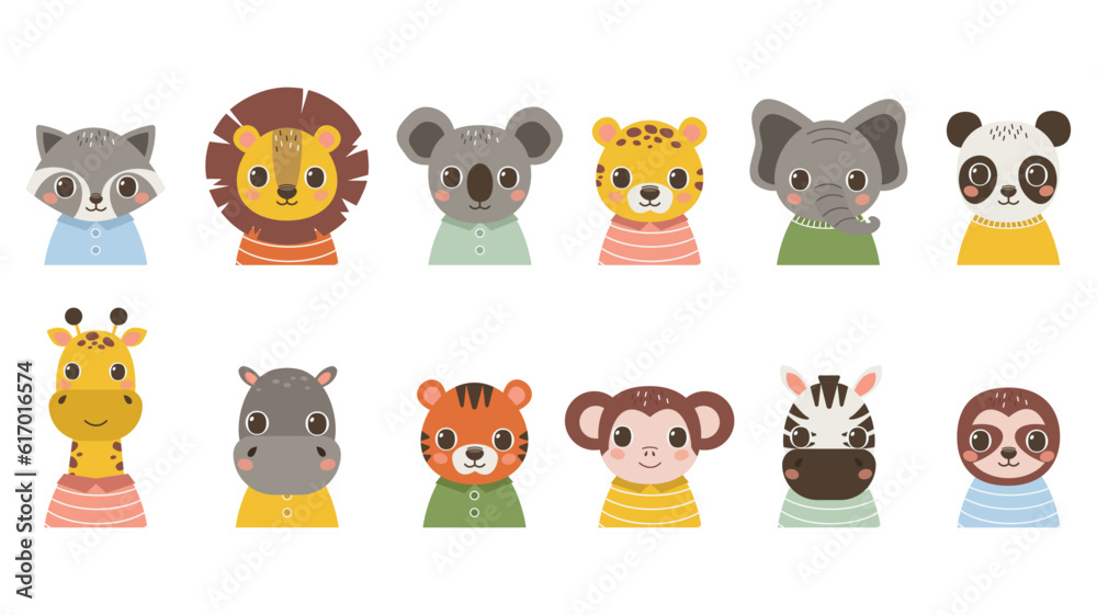 Set of portraits of cute animals. Raccoon, lion, koala, jaguar, elephant, panda, giraffe, hippopotamus, tiger, monkey, zebra, sloth. Vector graphic.