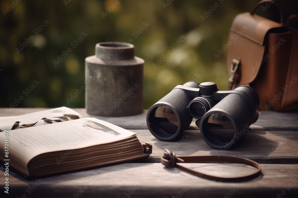 Obraz premium A pair of binoculars and a bird guidebook lay on a wooden table, ready for a summer bird-watching session. This image represents the niche hobby of bird watching during summer vacation.