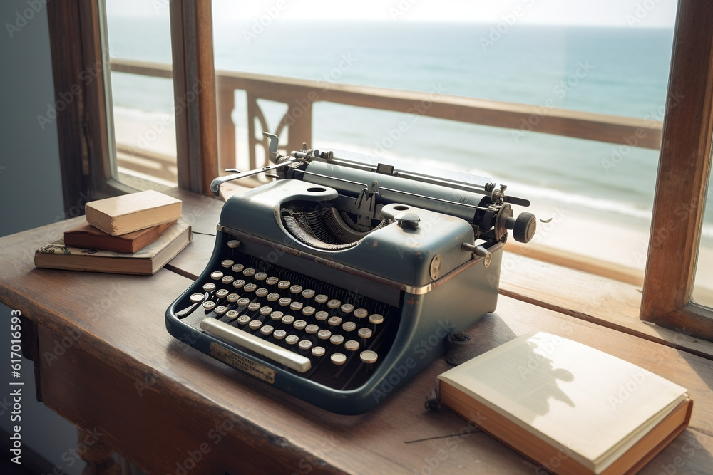 Vintage typewriter on a wooden desk, overlooking the tranquil summer sea, perfect for inspiration while writing a novel or story. This image combines the niche interest in vintage writing equipment wi - obrazy, fototapety, plakaty 