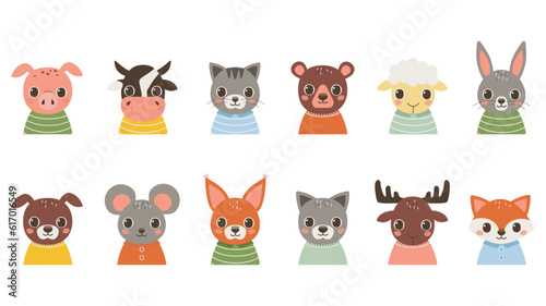 Set of portraits of cute animals. Pig  cow  cat  bear  sheep  hare  dog  mouse  squirrel  wolf  moose  fox. Vector graphic.