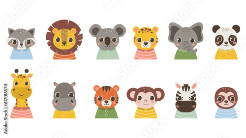 Set of portraits of cute animals. Raccoon, lion, koala, jaguar, elephant, panda, giraffe, hippopotamus, tiger, monkey, zebra, sloth. Vector graphic.