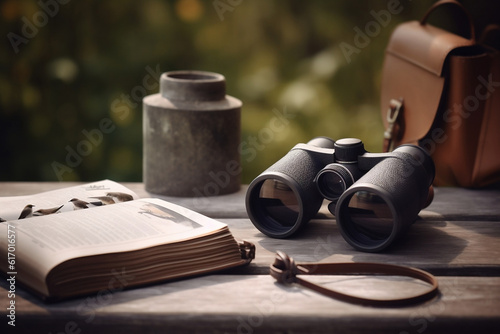 A pair of binoculars and a bird guidebook lay on a wooden table, ready for a summer bird-watching session. This image represents the niche hobby of bird watching during summer vacation. photo