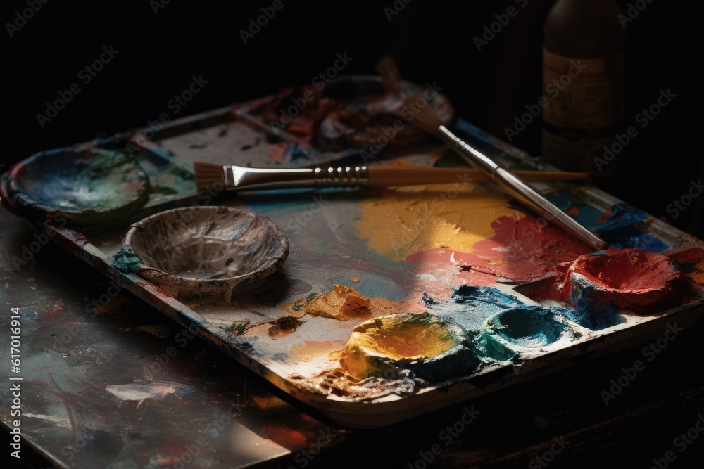 Close-up of a palette with acrylic paints and brushes. Close-up of a palette with acrylic paints and brushes.