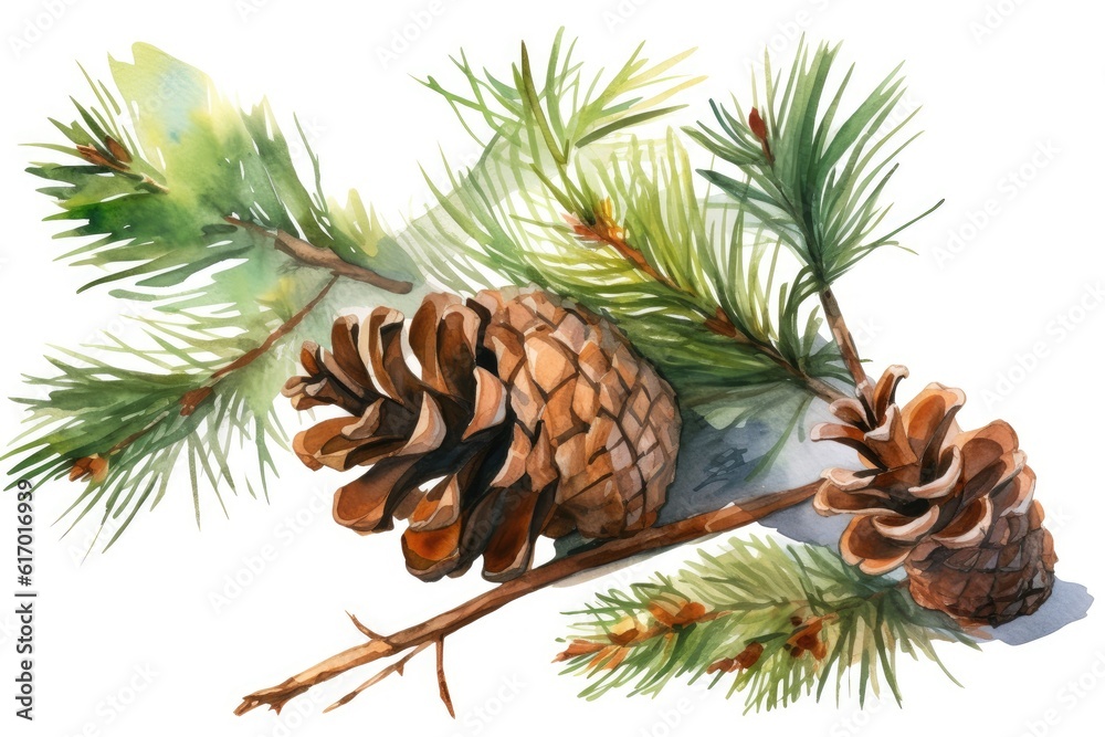 Fototapeta premium Watercolor illustration of pine green branches with cones on a white background.