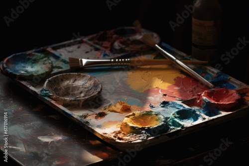 Close-up of a palette with acrylic paints and brushes.