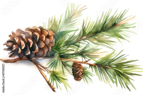 Natural pine branch with cones on a white background, watercolor illustration.