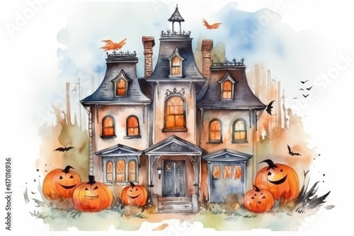 Beautiful haunted house and Halloween pumpkins in a watercolor style on a white background. © Iryna