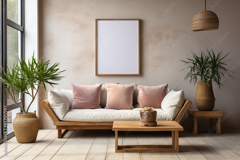 Blank picture frame mockup on gray wall. White living room design. generative AI