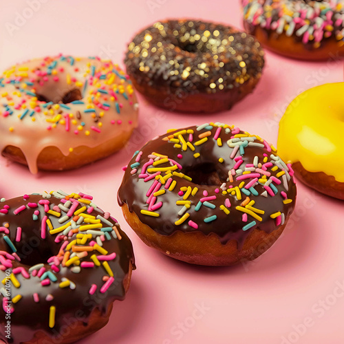 Many donuts with colorful sprinkles on pink background 