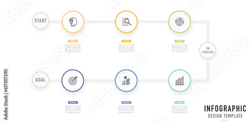 Circular roadmap infographic or element with 6 step, process, option, colorful circle, button, label, digital menu, arrow, minimal style for sale slide, flowchart, workflow, agenda, schedule, planner