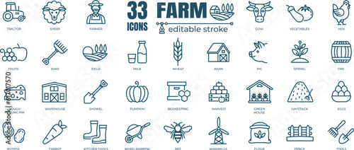 Farm, Farming, Agriculture - thin line web icon set. Contains such Icons as Greenhouse, Haystack, Harvest and more. Outline icons collection. Simple vector illustration.
