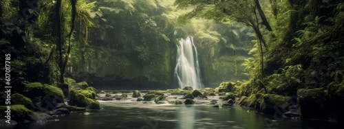 A dreamy and ethereal capture of a waterfall surrounded by lush greenery  evoking a sense of serenity and natural beauty. Web banner backdrop. Generative Ai