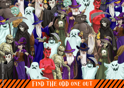 Halloween characters quiz game. Find the odd one out puzzle or vector riddle with ghost, wizard and witch, Dracula vampire, devil of hell demon, mummy and zombie character, werewolf, death Grim Reaper