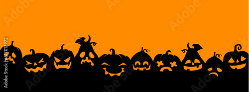Halloween pumpkin silhouettes panorama background. Halloween holiday vector horizontal backdrop or horror wallpaper with Jack o lantern scary and creepy faces, pumpkin smiling carvings