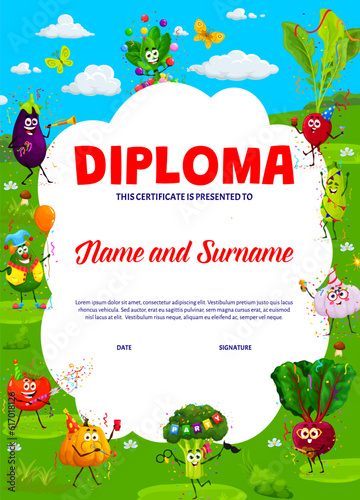 Kids diploma, cartoon vegetable characters on holiday, vector education certificate award. Funny spinach, broccoli and tomato at birthday party celebration on school or kindergarten workshop diploma