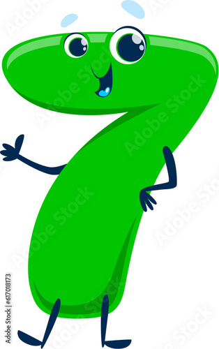 Cartoon cute funny number seven character. Isolated vector playful and charming 7 figure with big round eyes, a cheerful smile, and distinctive seven shaped body. Mathematics numeric personage