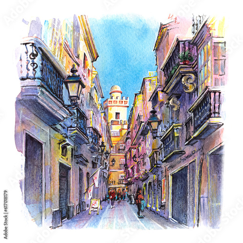 Watercolor sketch of Cadiz street with white tower, Andalusia, Spain.