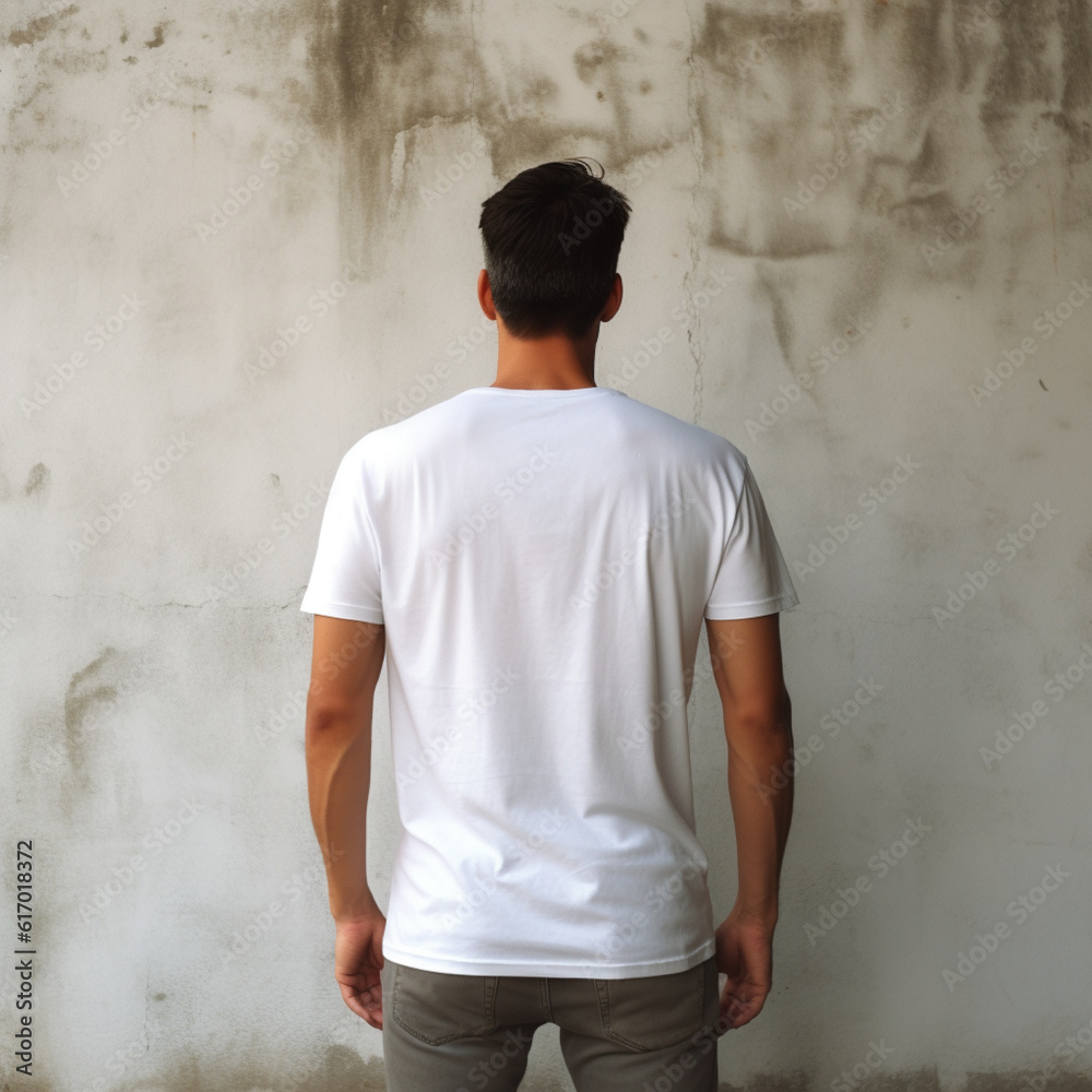 A photo of a man from behind wearing white blank t-shirt and vintage wall background