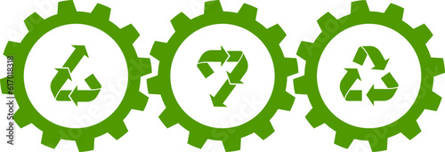 Upcycle Downcycle Recycle symbols in cogwheels.