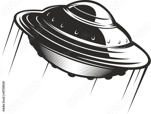 Ufo icon flying saucer with trails isolated vector monochrome sign. Dynamic and futuristic alien plate, representing mystery, exploration, extraterrestrial phenomena, unknown, and interstellar travel