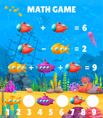Math game worksheet. Submarine or bathyscaphe, underwater landscape. Children mathematical riddle, kids education game or puzzle vector worksheet puzzle with coral, seaweed, fish shoal on ocean bottom