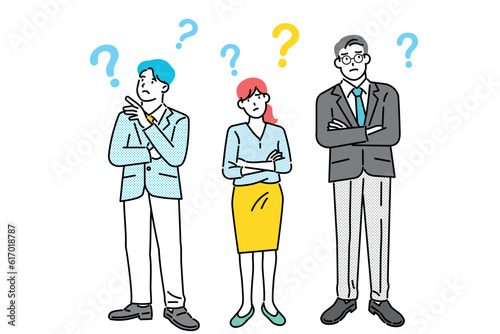Set of full body illustrations of business men and women standing in various poses in frontal view.