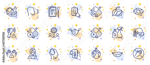 Fototapeta Naklejka Na Ścianę i Meble -  Outline set of Dont touch, Vaccine announcement and Mint tea line icons for web app. Include Pandemic vaccine, Electronic thermometer, Medical mask pictogram icons. Stress, Nasal test. Vector