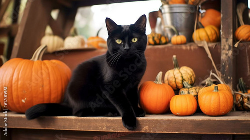Cat in Halloween costumes. Trick or Treat. Background on a festive theme. Gloomy Halloween background. October 31. AI Generative.