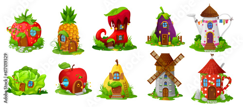 Fairytale houses and dwellings. Cartoon vector fairy, dwarf or gnome boot, strawberry, pineapple and eggplant homes. Watering can, cabbage, apple, pear or windmill, mug house buildings