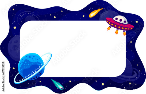 Border frame with galaxy space landscape, blue planet and ufo. Vector futuristic and mysterious card, empty template capturing imagination and inviting viewers to explore the wonders of the Universe