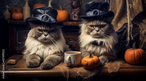 Cat in Halloween costumes. Trick or Treat. Background on a festive theme. Gloomy Halloween background. October 31. AI Generative.