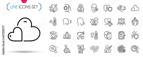 Pack of Improving safety, Electronic thermometer and Vaccination appointment line icons. Include Face biometrics, Skin condition, Digestion pictogram icons. Calcium mineral. Vector