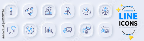 Spanner, Share idea and Money tax line icons for web app. Pack of Champagne glass, Diagram graph, Friends community pictogram icons. Heart, Happy emotion, Call center signs. Neumorphic buttons. Vector