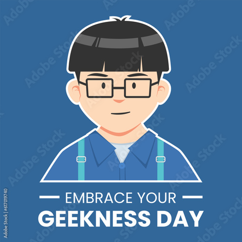 Vector graphic of cute geek nerd head with hairstyle wearing glasses cartoon illustration, suitable embrace your geekness day