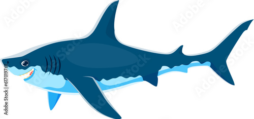 Shark character, powerful and magnificent sea animal with streamlined sleek body, sharp teeth, and incredible swimming abilities. Isolated cartoon vector apex predator living in the oceans