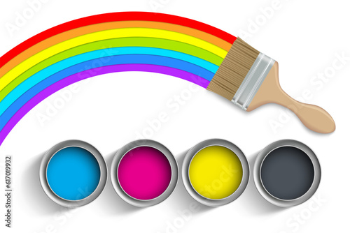 Paint brush draws a rainbow. CMYK ink in paint cans. Color pigments isolated on white background. vector illustration