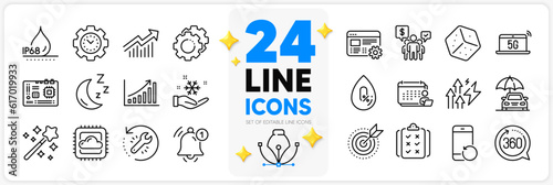Icons set of Moon, Waterproof and Accounting line icons pack for app with Magic wand, Dice, Motherboard thin outline icon. Cloud computing, Demand curve, Reminder pictogram. Vector