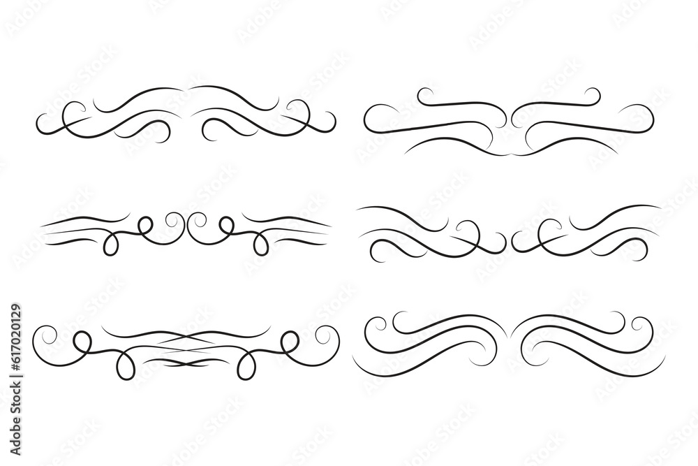 Vintage Filigree Swirls, calligraphy font style Decorative Elements, Text Ornaments curly thin line swings swashes, Flourishes Swirls, text divider, flourish Swirl ornament stroke, scroll design

