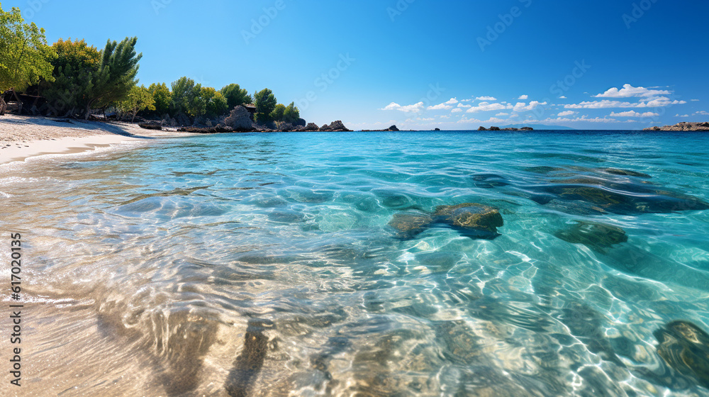 Fototapeta premium Beautiful tropical beach banner, travel tourism wide panorama background concept, Generative AI
