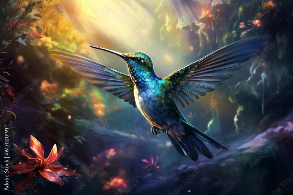 Obraz premium Multicolored hummingbird flies to the flower. 