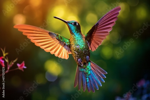 Multicolored hummingbird flies to the flower. 