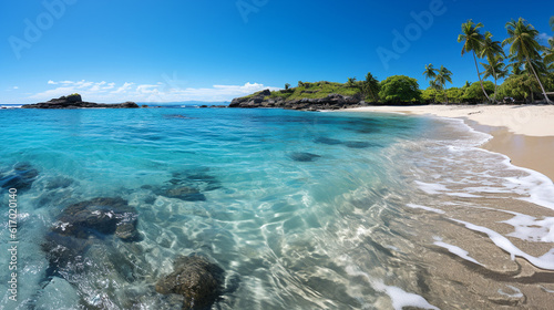 Beautiful tropical beach banner, travel tourism wide panorama background concept, Generative AI