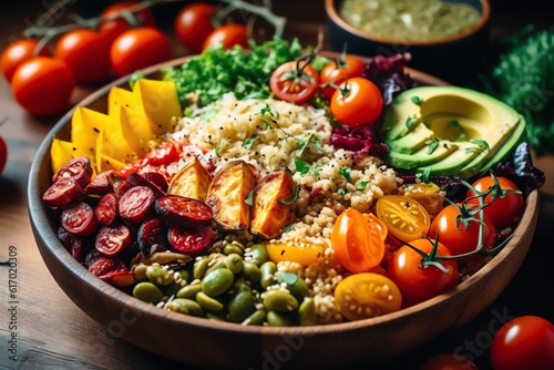 Healthy vegan food. Salad with quinoa, fried tofu, avocado, edamame, green peas, radish, cabbage and sesame seeds generative ai