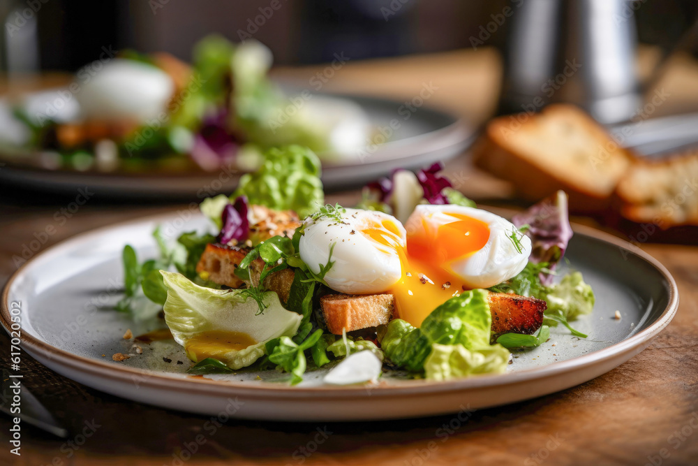 Pochierte Eier auf Toast mit gemischtem Salat serviert auf einem Teller. Im Hintergrund ein weiterer Teller mit dem selben Gericht.