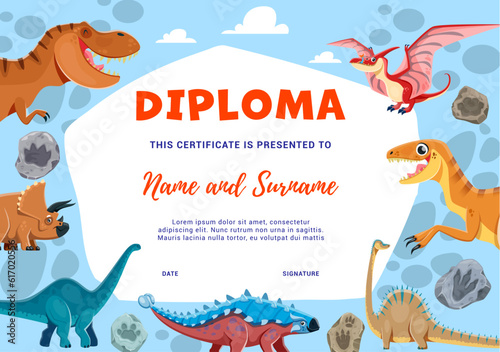Kids diploma, cartoon dinosaur characters and fossil stone footprints. Paleontology education school or kindergarten certificate. Vector award frame template with funny prehistoric dino animals