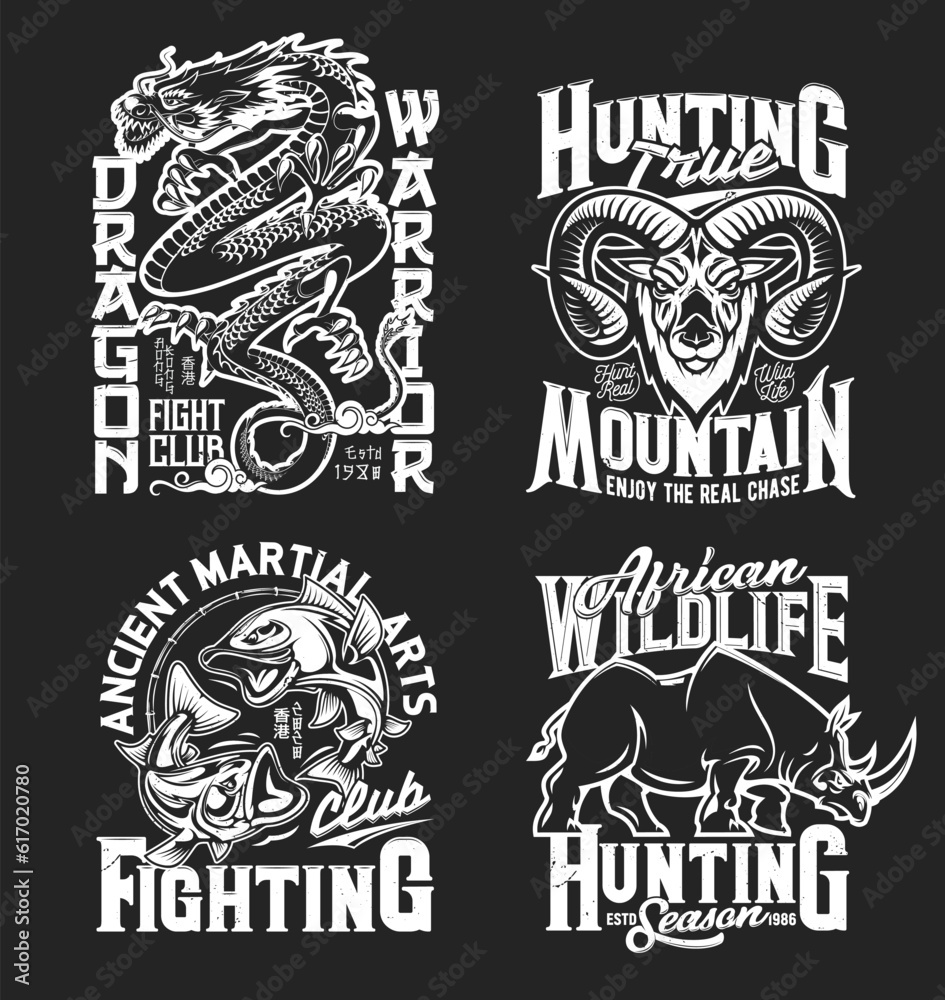 Dragon, rhino, goat and fish mascots and t-shirt prints. Vector sports, fighting or hunting club black and white prints for uniform, tshirt activewear monochrome template with animals and lettering