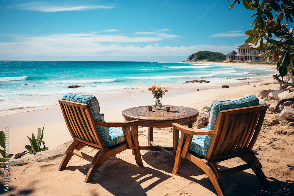 Two chairs and a table in a beach bar, a resort against the backdrop of a sandy beach and the sea. Summer vacation concept. 