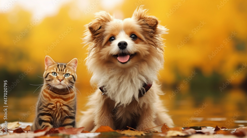 Cat and dog together in autumn park on autumn leaves background. Pet care concept.Fall-Themed Pet.
Happy International Cat Day and National Dog Day.