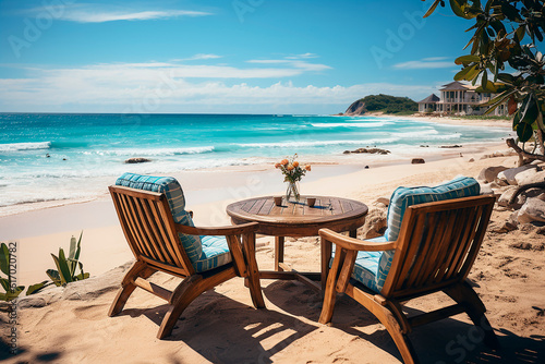 Two chairs and a table in a beach bar, a resort against the backdrop of a sandy beach and the sea. Summer vacation concept. 